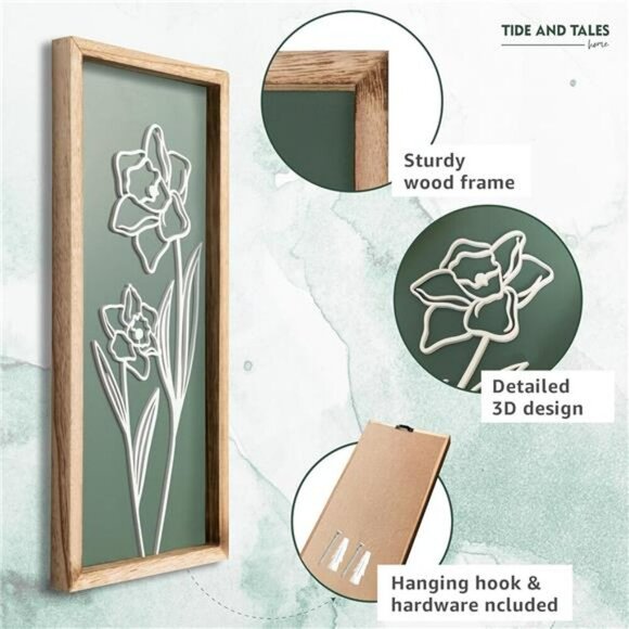 Sage Green 3D Floral Wall Art Set Boho Farmhouse Framed Decor for Bathroom - Picture 6 of 7